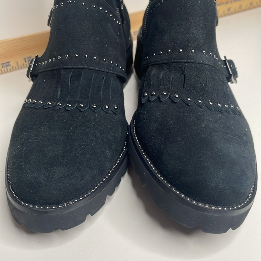 Vaneli M black suede leather kiltie ankle boot with silver toned studs, size 8N - Picture 10 of 11